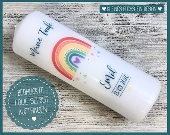 DIY Taufkerze Regenbogen Emil - Folie zum selbst Auftragen - für Mädchen und Jungen zur Taufe individuell mit Namen, Datum und Taufspruch