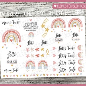 Könnte beinhalten: Ein Satz bedruckbarer Aufkleber mit Regenbogen-Designs, Sternen und dem Namen "Lotte" mit dem Datum "25.09.2023". Die Aufkleber eignen sich perfekt zum Dekorieren einer Babyparty oder einer Taufe.