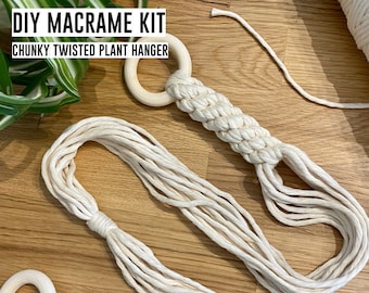 DIY macrame plant hanger craft kit - beginners boho twisted plant wall hanging on a wooden hoop, DIY macrame gift kit