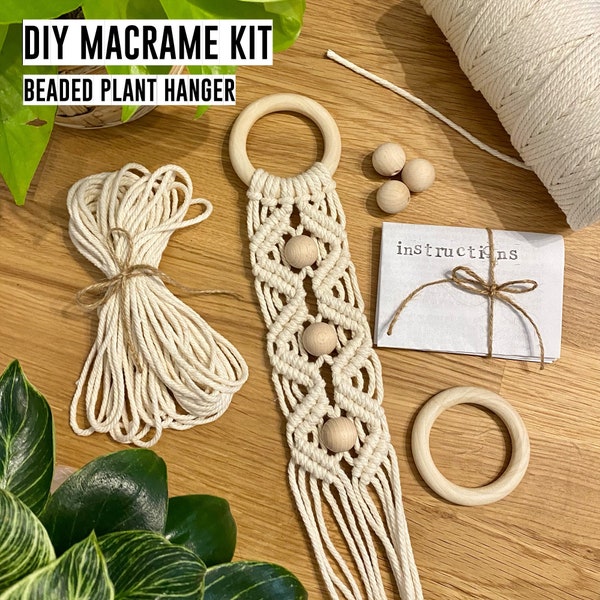 DIY beaded macrame plant hanger craft kit - beginners boho wooden bead plant wall hanging, DIY macrame gift kit