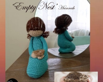 Empty Nest HANNAH, Crochet Pattern. Mother kneeling holding empty nest. English Dutch and German Translations included in purchase