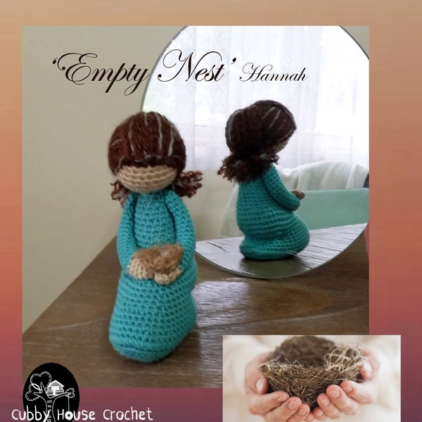 Empty Nest HANNAH, Crochet Pattern. Mother kneeling holding empty nest. English Dutch and German Translations included in purchase