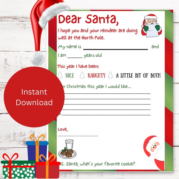 Printable Dear Santa Letter - 8.5" x 11" - Santa Claus Christmas Wish List - Instant Download