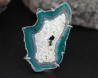Agate Druzy Ring | Silver Plated Brass, Adjustable Statement Jewelry