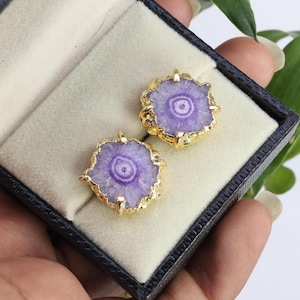 Solar Quartz Stud Earrings | Gold Plated Brass Studs | Natural Crystal Slice Studs | Handmade Boho Jewelry Gift for Her | Anniversary Gift