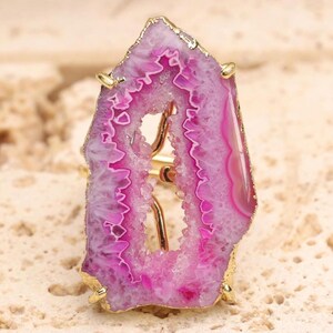 Pink Geode Druzy Ring, Gold Plated Brass, Boho Statement Gemstone Ring