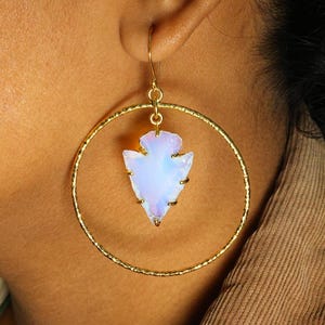 Opalite Arrowhead Earrings | Gold Plated Brass Hoops, Boho Jewelry