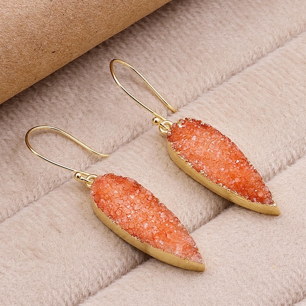 Orange Druzy Teardrop Earrings | Gold Electroplated Boho Dangle