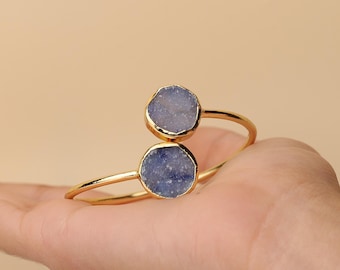 Blue Geode Druzy Bracelet | Gold Plated Adjustable Bangle