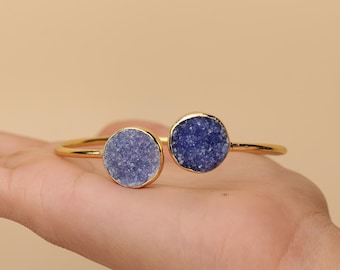 Blue Geode Druzy Bracelet | Gold Plated Brass Adjustable Bangle