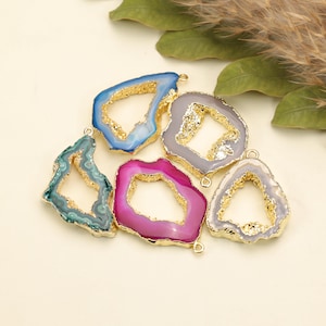 Conectores de argola única em fatias de ágata de cores variadas | Materiais para confecção de joias DIY | Argola de latão banhada a ouro