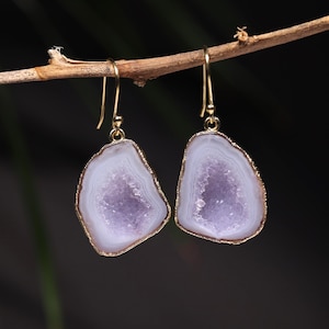 Geode Druzy Ohrringe | 925 Sterlingsilber Gelbvergoldet Grau Braun Lavendel Handgemachte Ohrringe | Edelstein Schmuck Geschenk für sie