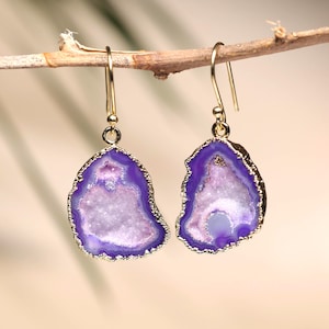 Lila Geode Druzy Ohrringe | 925 Sterling Silber Gelb Gold Plated Handmade Ohrringe | Edelstein Schmuck Geschenk für sie