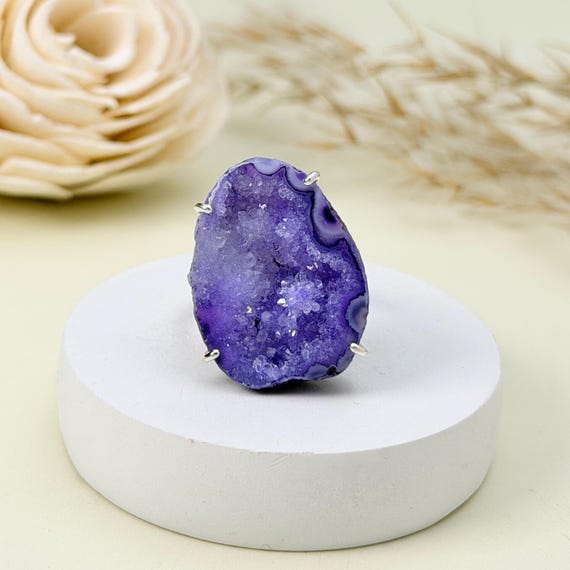 Purple Geode Druzy Ring • Solid 925 Sterling Silver Statement Ring • Natural Crystal Jewelry • Adjustable Band • Same Piece as Picture