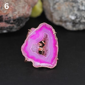 Geode Druzy Slice Ring | Rose Gold Plated Brass Adjustable Ring | Raw Crystal Statement Jewelry | Handmade Boho Ring | Gift for Her