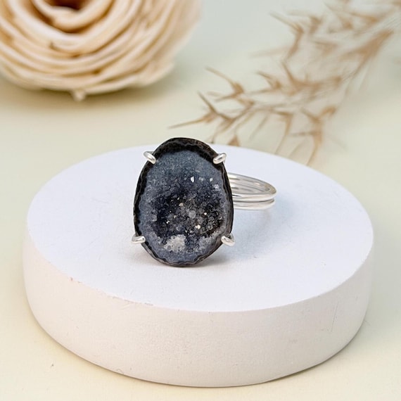 Black Druzy Agate Geode Ring • Adjustable Sterling Silver Statement Ring
