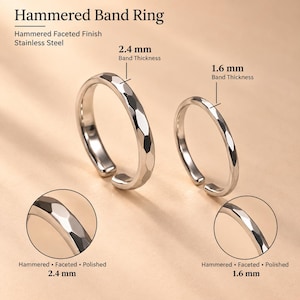 May include: Two silver-colored stainless steel hammered band rings with a faceted, polished finish. One ring has a 2.4 mm band thickness and the other has a 1.6 mm band thickness. The text reads Hammered Band Ring, Hammered Faceted Finish, Stainless Steel.