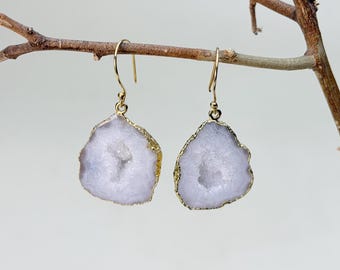 White Agate Druzy Earrings, Gold Plated Sterling Silver, Handmade Crystal Dangles