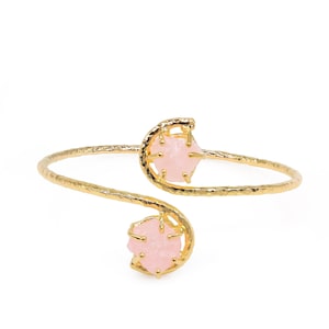 Two-Stone Raw Gemstone Bracelet | Elegant Adjustable Crystal Cuff | Handmade Boho Jewelry Gift for Her | Gold Plated Brass Bangle