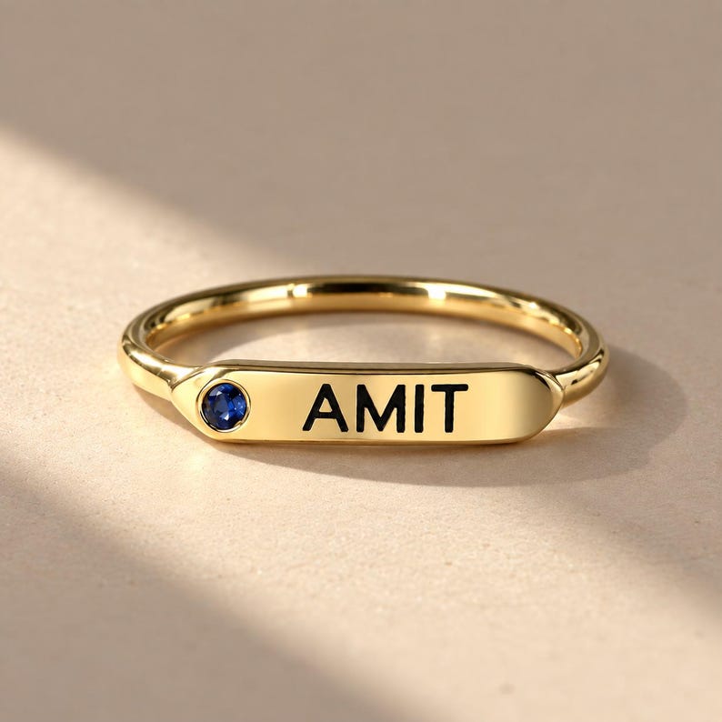Signet Ring R Initial Personalized Name Ring β’ Custom Engraved Birthstone Ring β’ Initial Name ...