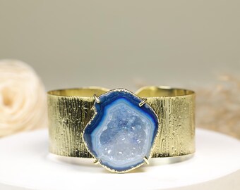 Royal Blue Druzy Geode Cuff | Gold Plated Adjustable Bangle