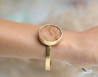 Beige Druzy Bracelet | Gold Plated Brass Cuff, Adjustable