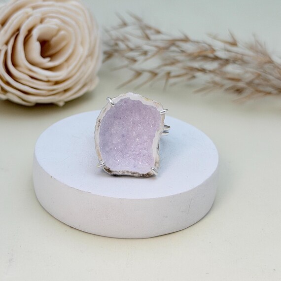 Natural Geode Rings • 925 Sterling Silver Adjustable Ring • Raw White Agate Druzy Crystal Statement Jewelry Gift for Her