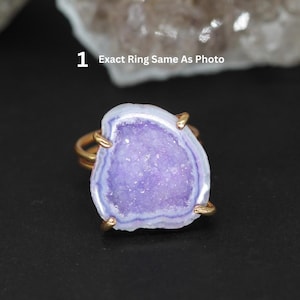 Geode Statement Rings | Adjustable Gold Plated Brass Rings | Raw Crystal Druzy Ring for Women | Handmade Boho Gemstone Jewelry Gift For Her