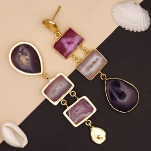Geode Druzy Triple Gem Stone Drop Earrings, Pink & Purple Dangle Earrings, Gold Plated Statement Gemstone Jewelry Gift for Her