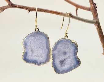 Grey Agate Druzy Earrings, Gold Plated Sterling Silver Dangles