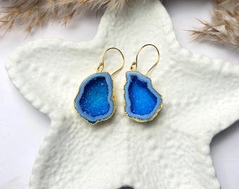 Gold Plated 925 Silver Geode Druzy Earrings | Agate Crystal Dangles