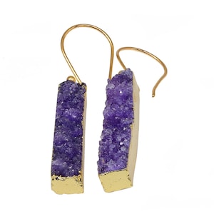Boucles d&#39;oreilles barre Druzy | Boucles d&#39;oreilles en laiton plaqué or | Bijoux pendants scintillants faits main | Cadeau minimaliste de boucles d&#39;oreilles en cristal pour elle