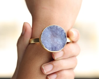 Blue Druzy Bracelet | Gold Plated Brass Cuff Bangle, Adjustable