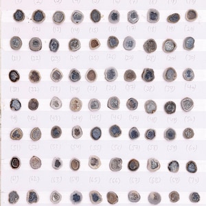 Könnte beinhalten: Ein Raster von siebzig kleinen, oval geformten Geoden, jede mit einem einzigartigen Muster aus grauen, blauen, braunen und weißen kristallinen Formationen. Die Geoden sind in Reihen und Spalten auf weißem Hintergrund angeordnet und von 1 bis 70 nummeriert.