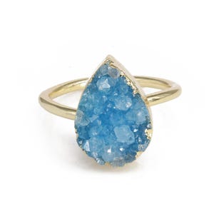 Pear Druzy Gemstone Ring | Adjustable Gold Plated Brass Ring | Handmade Raw Crystal Jewelry | Sparkling Druzy Statement Ring | Gift for Her