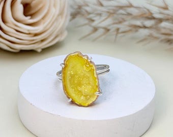 Yellow Druzy Geode Ring • Adjustable Sterling Silver, Raw Crystal