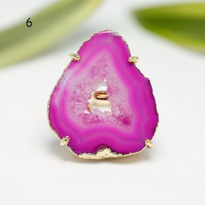 Pink Agate Druzy Slice Ring • Electroplated Gold Prong Setting • Natural Geode Statement Ring • Adjustable Bold Handmade Jewelry