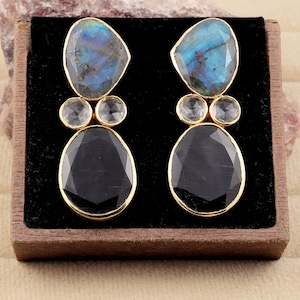 Black Onyx, Crystal & Labradorite Stud Earrings | Gold Plated Brass Earrings | Natural Gemstone Studs | Handmade Boho Jewelry | Gift for Her