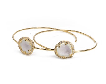 Gold Plated Brass Geode Hoop Earrings | Druzy Crystal Boho Jewelry