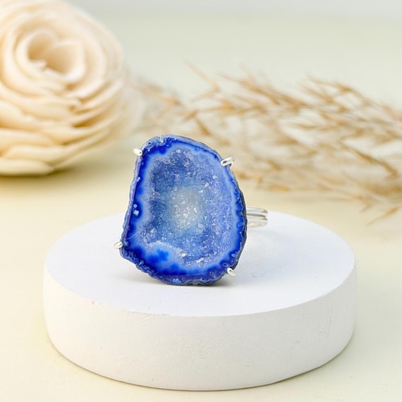 Blue Druzy Geode Ring • Adjustable 925 Sterling Silver Band