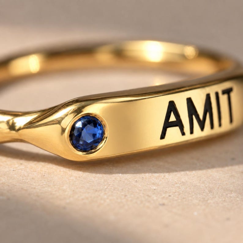Signet Ring R Initial Personalized Name Ring β’ Custom Engraved Birthstone Ring β’ Initial Name ...