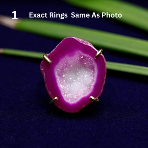 Agate Geode Pink Druzy Ring | Adjustable Statement Ring for Women | Gold Plated Brass Boho Crystal Ring | Raw Gemstone Jewelry Gift For Her