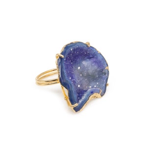 Tabasco Geode Quartz Ring | Adjustable Gold Plated Brass Ring | Raw Crystal Statement Jewelry | Handmade Gemstone Ring | Gift for Her