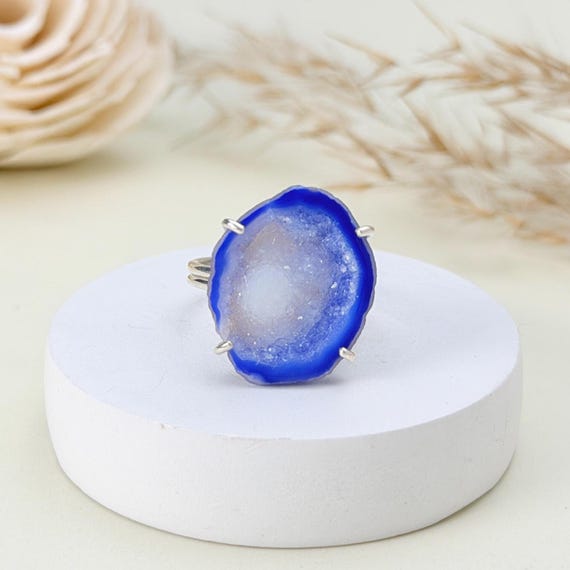Blue Druzy Geode Ring • Adjustable 925 Sterling Silver Band