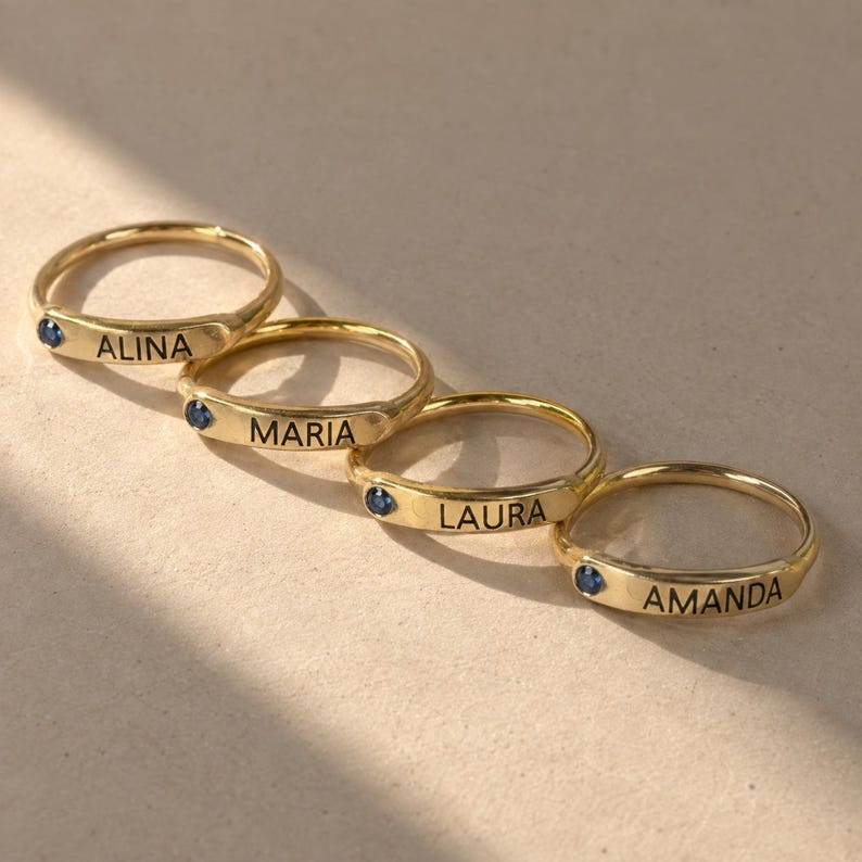 Signet Ring R Initial Personalized Name Ring β’ Custom Engraved Birthstone Ring β’ Initial Name ...