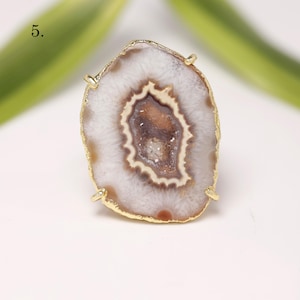 Orange Agate Druzy Slice Ring | Raw Geode Statement Ring | Electroplated Gold Adjustable Ring | Prong Set Boho Crystal Jewelry
