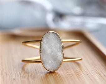 White Sugar Druzy Cuff Bracelet | Gold Plated Adjustable Bangle