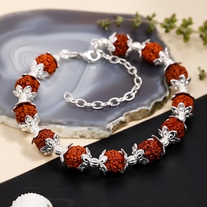 Rudraksha Bead Bracelet | Adjustable Brass Silver Plated Spiritual Bracelet | Hindu Meditation Jewelry | Boho Yoga Bracelet for Men & Women