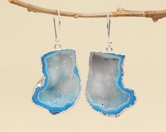 Aqua Blue Geode Druzy Dangle Earrings, Sterling Silver Slice Jewelry
