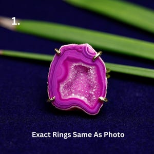 Pink Geode Druzy Rings | Natural Crystal Adjustable Ring | Raw Slice Gemstone Statement Jewelry | Boho Chic Gold Plated Ring for Her